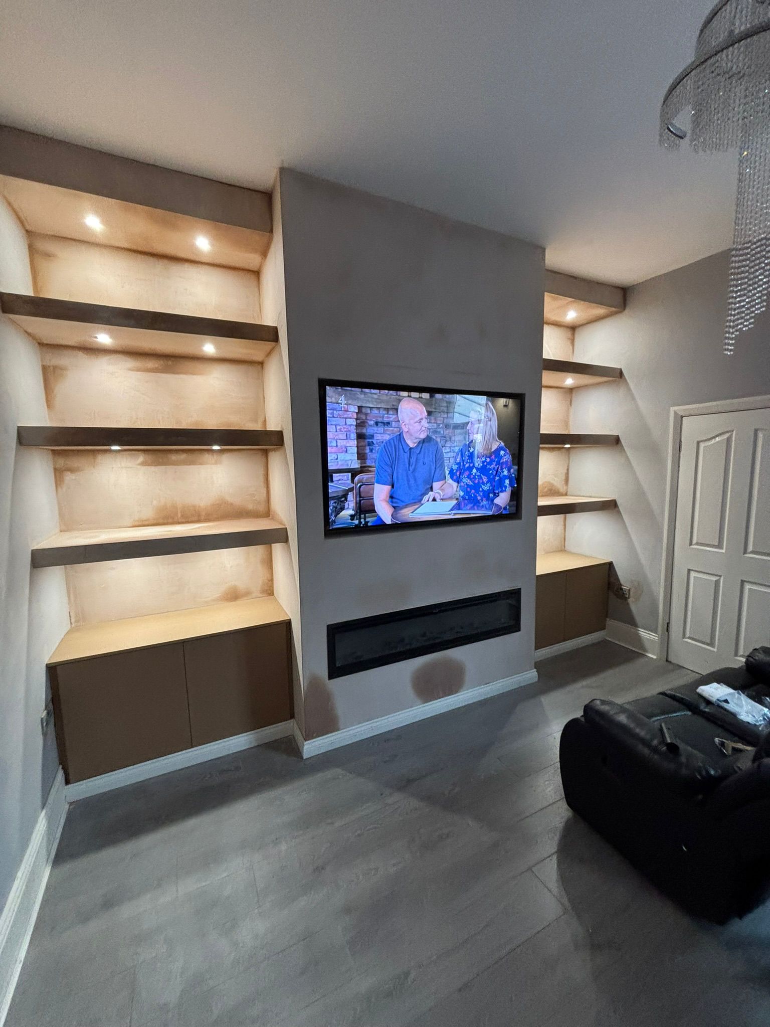Media wall with fire and integrated lighting